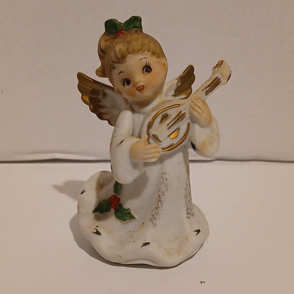 Vintage Lefton 246 Christmas Angel Figurine with Gold Wings and Green Holly